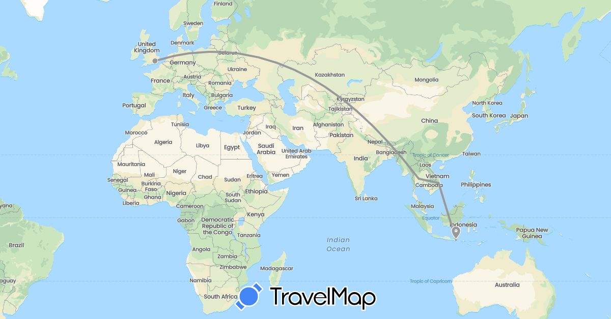 TravelMap itinerary: plane in United Kingdom, Indonesia, Thailand, Vietnam (Asia, Europe)